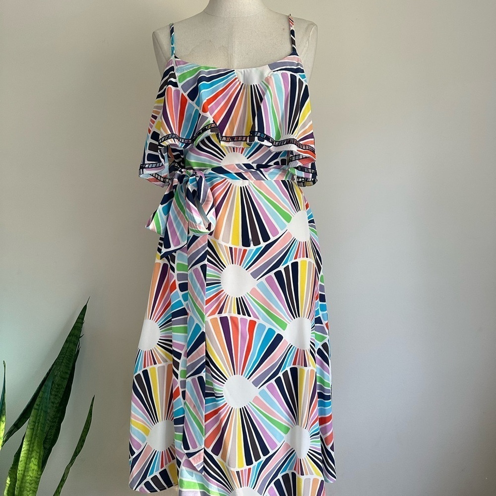 Trina Turk SILK BELTED Ruffle Retro Lined MIDI Dress sz Medium - Picture 4 of 9
